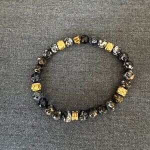 Black Gold Stone Beaded Stretch Bracelet Textured Gold Metallic Accents